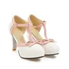 Plus Size 44 High Heel Schuhe Round Toe Heel Pumps Damen Plattform Pumps mit Bogen Party Hochzeit Schuhe T Strap Damenschuhe