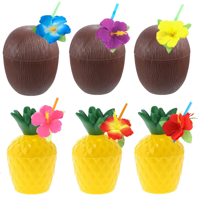 6 stücke Sommer Tropische Ananas Kokosnuss Trinkbecher Hibiskus Blume Strohhalme Hawaiian Luau Geburtstag Strand Pool Party Dekorationen Image