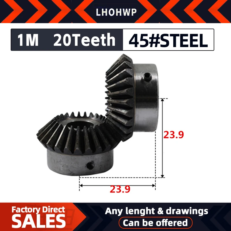 2 Stück Kegelrad 1 m 20 Zähne 45 # Stahl-Innenloch 5/6/7/8/6,35/10/12 mm Zahnrad 90 Grad Meshing-Winkel Stahlzahnräder Schraubenloch M5