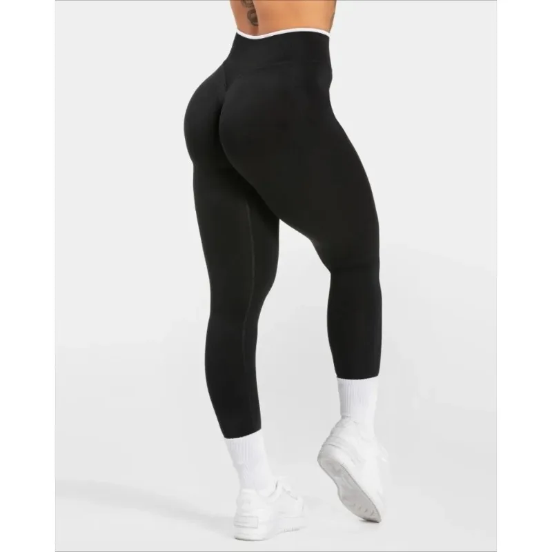 Nahtlose Sport-Leggings für Damen, weißer Rand, Taille, eng, hohe Taille, Hüftheben, Yoga-Hose, Fitnessstudio, Lauftraining, einfarbige Hose Image
