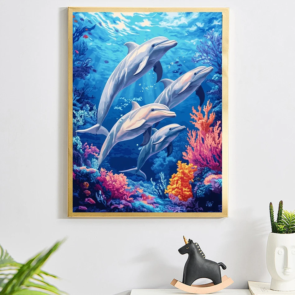 Malen nach Zahlen für Erwachsene, Delphin, Unterwasserwelt, Acrylfarben, Zeichenpinsel, Malleinwand für Erwachsene, Bild, Kunsthandwerk Image