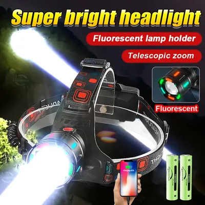 NEW Super Bright Head Flashlight Fluorescence Fishing Headlamp High Power Led Headlamp 4 Modes USB Rechargeable Head Flashlight