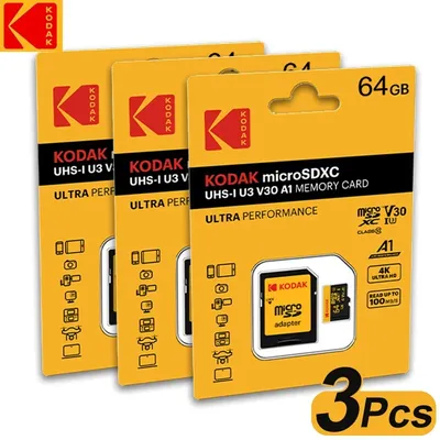 3Pcs Original Kodak Micro SD Card 64GB Memory Card A1 SDXC TF Flash Drive Video card With SD Adapter Class 10 For Camera Phone