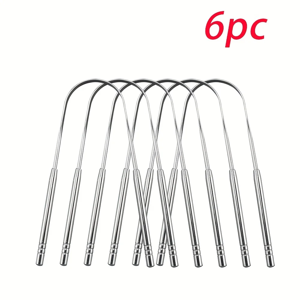 1/2/6 Stück Zungenreinigungs-Zungenschaber aus Edelstahl, wiederverwendbar, Zungenbeschichtung, Reinigungsschaber, silbrig, U-förmige Zunge Image