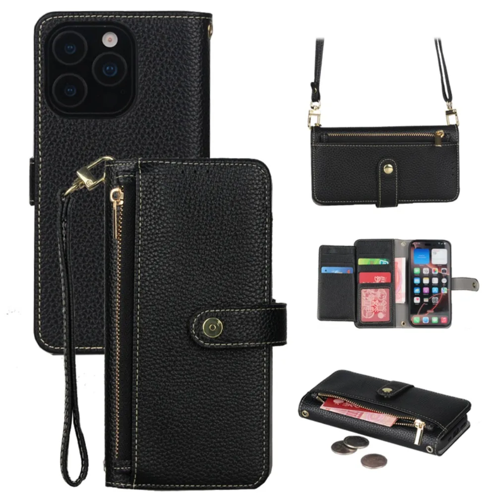 Umhängetasche, Handschlaufe, Reißverschluss, Geldbörse mit Karten, Solt-Handyhülle für iPhone 16E, 16, 15, 14, 13, 12, Pro Max, Lanyard, Leder-Flip-Cover Image