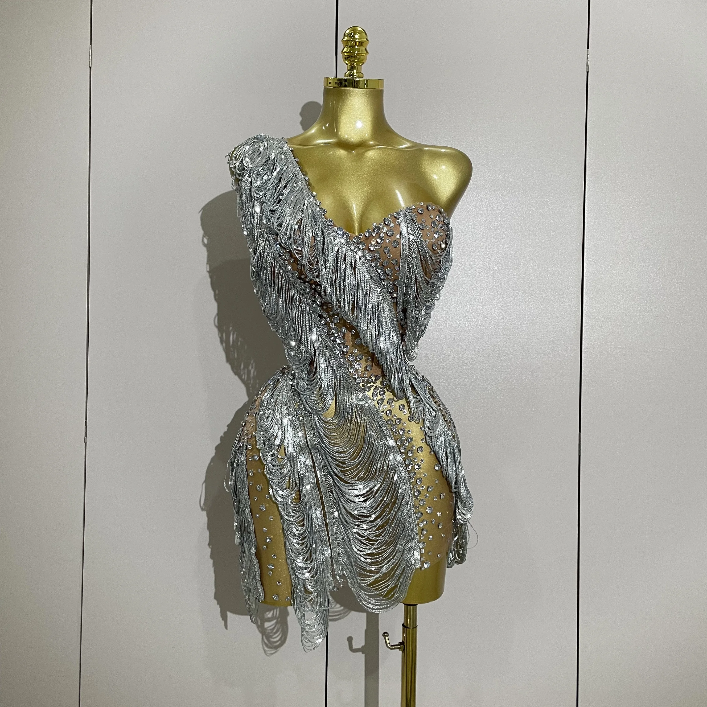 Lager Sparkly Strass Pailletten Quaste Mesh Eine Schulter Kurzes Kleid 2025, Frauen Abend Geburtstag Party Nachtclub Bühne Kostüm Image