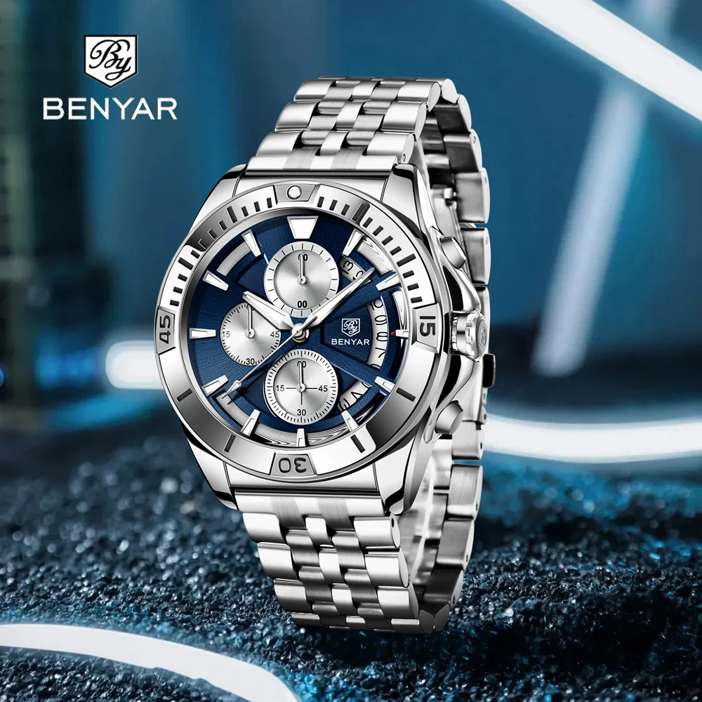 2023 neue BENYAR Herren-Quarzuhren, Top-Marke, Luxus-Chronograph, Geschwindigkeit, Sportuhr für Herren, Edelstahl, wasserdichte Uhr, Geschenk Image