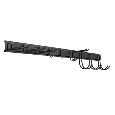 TOJ Gerätehalter – Besenhalter – Aufbewahrungssystem für Gartenwerkzeuge / Besen – 3 Basisschienen + 9 Haken – Metall – 120 cm – Matt Schwarz Image