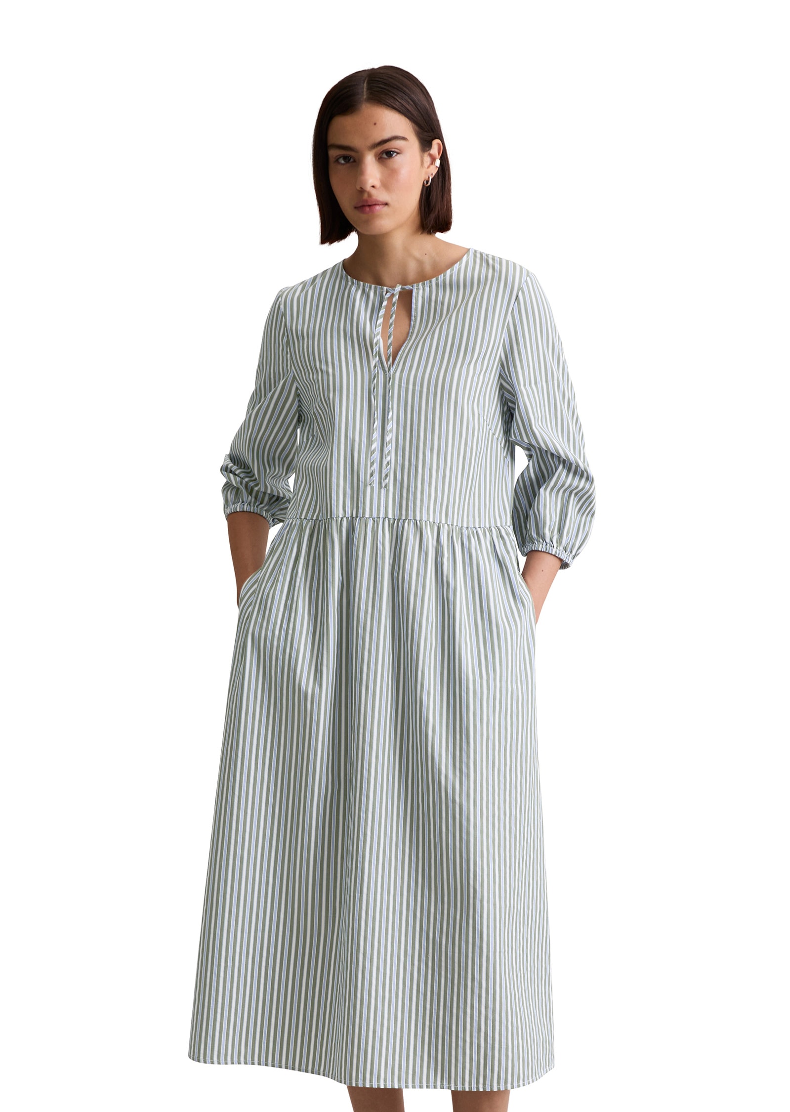 Midikleid MARC O'POLO DENIM "aus Baumwoll-Dobby", Damen, Gr. XL, Normalgrößen, grün (light grün), Obermaterial: 100% Baumwolle, gestreift, regular fit wadenlang, Rundhals, Bündchen, Kleider Midikleid