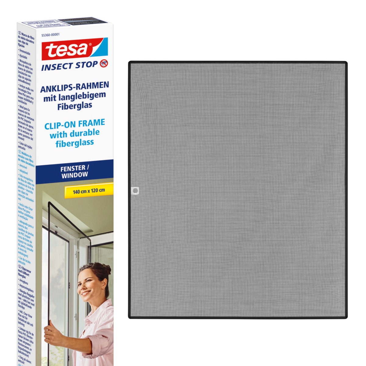 Insektenschutz-Fensterrahmen TESA "Insect Stop Anklipsrahmen - Fliegengitter für Fenster", schwarz (gewebe: schwarz), B:120cm H:140cm, Insektenschutzgitter, Selbstklebende Halteklips, zuschneidbarer Rahmen, ohne Bohren