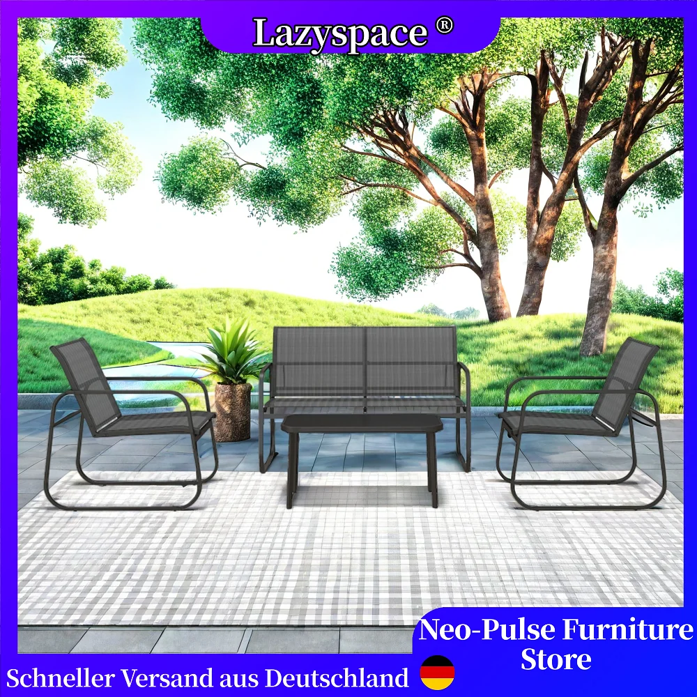 Lazyspace Ensemble de meubles de jardin 4 pièces en maille noire, 1 deux places + 2 chaises + 1 table basse Ensemble de meubles de terrasse de balcon