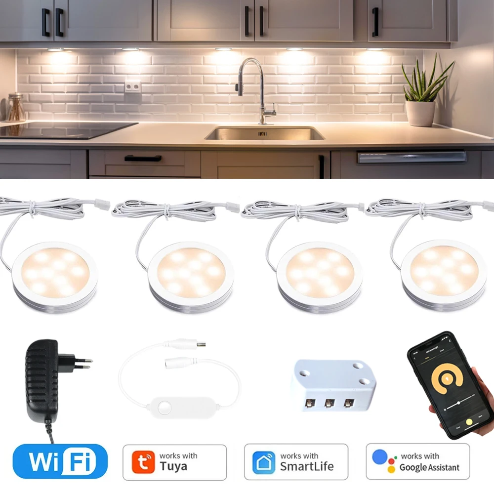 3 4 6 9 Stück Tuya WiFi Runde LED-Unterbauleuchte Dimmbar für Schrank, Küche, Garderobe, Vitrine, kompatibel mit Alexa und Google Home