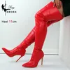 Neuer Trend 2025, lange Stiefel für Damen, Oberschenkelhoch, spitze Zehen, Overknee-Stiefel, Lackleder, große Größe 46, Damenschuhe
