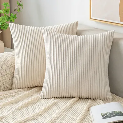 Dekokissenbezüge aus Cord, dekorativ, weich, gestreift, Kissenbezüge, Frühlingskissenbezüge für Couch, Sofa, Schlafzimmer, 45,7 x 45,7 cm, Beige Image