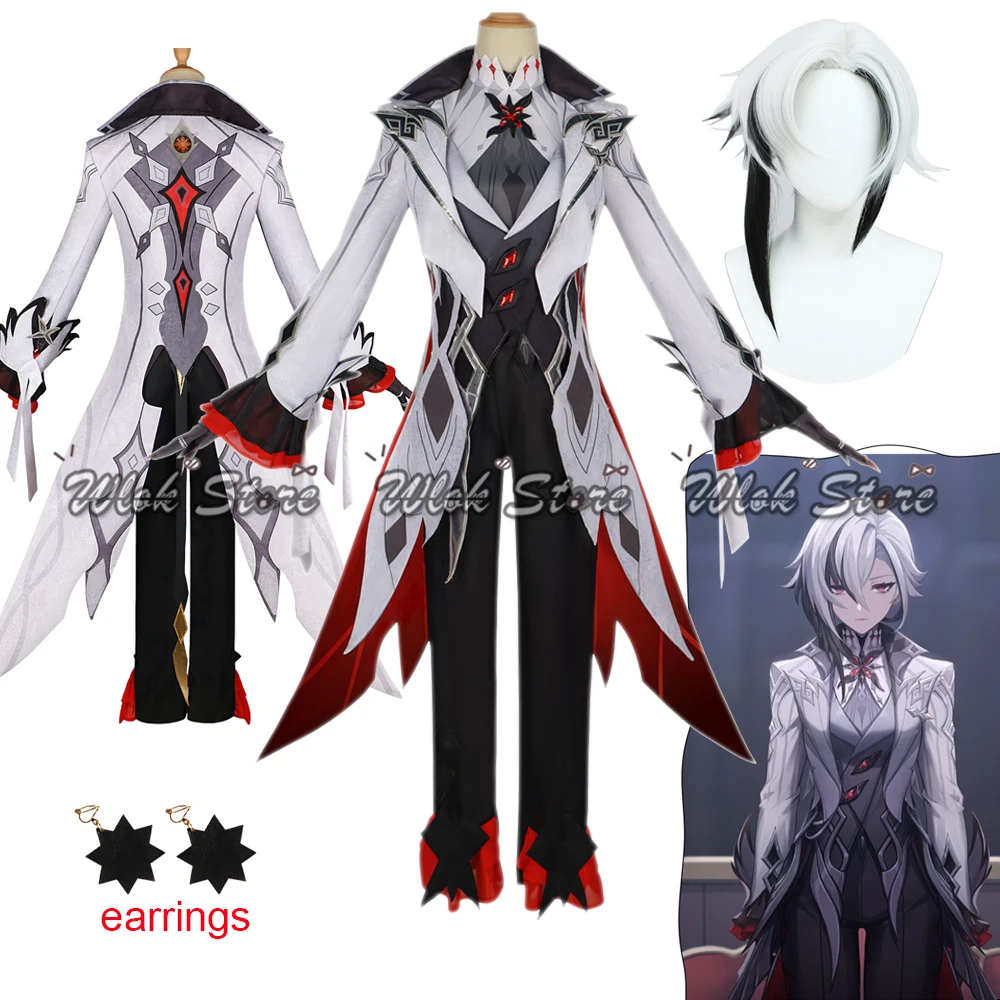 Genshin Impact The Knave Arlecchino Cosplay Kostüm Perücke Ohrringe Weiß Schwarz Haar Männer Frau Halloween Party Karneval Outfits