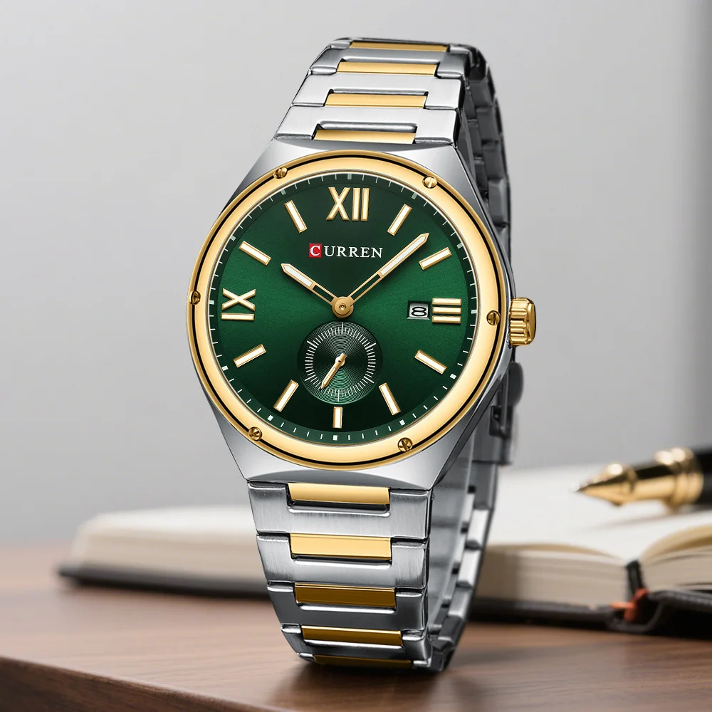 CURREN Moderne Herren-Quarzuhr mit Sub-Sekunden-Zifferblatt und Datum und Tag, Edelstahlband, minimalistische Armbanduhren Image