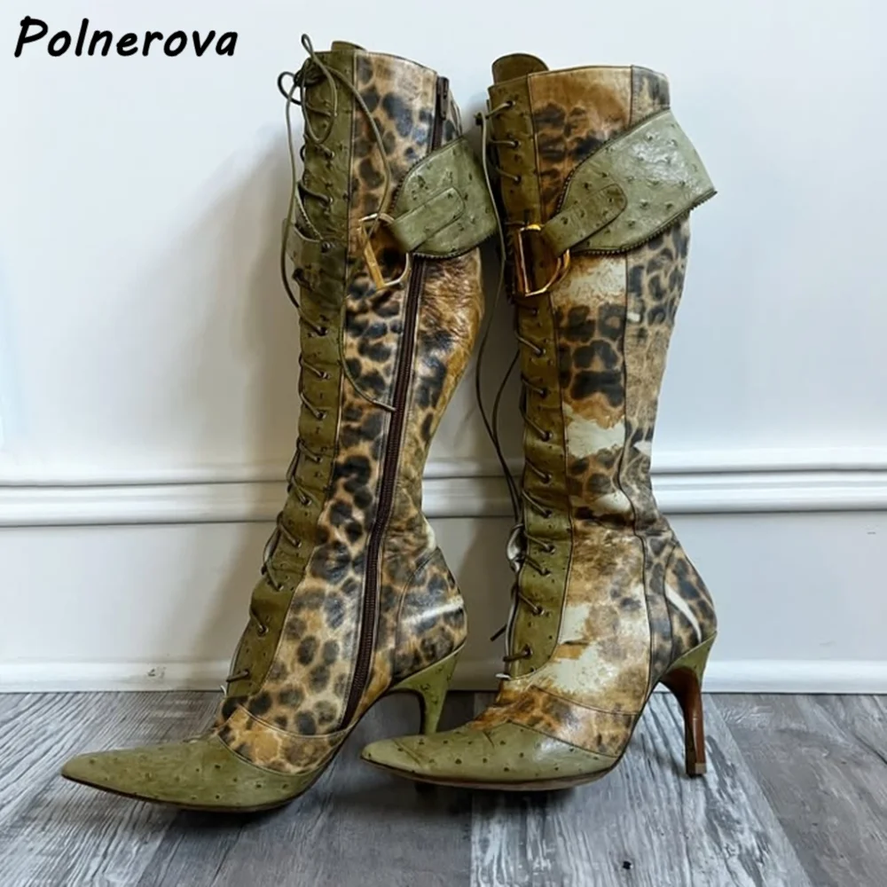 Grüne Leoparden-Stiefel mit Metallschnalle, Thorn Distress, spitze Zehen, überkreuzte kniehohe Stiefel, Schwarz, Rot, Winter, Retro, sexy Runway-Schuhe