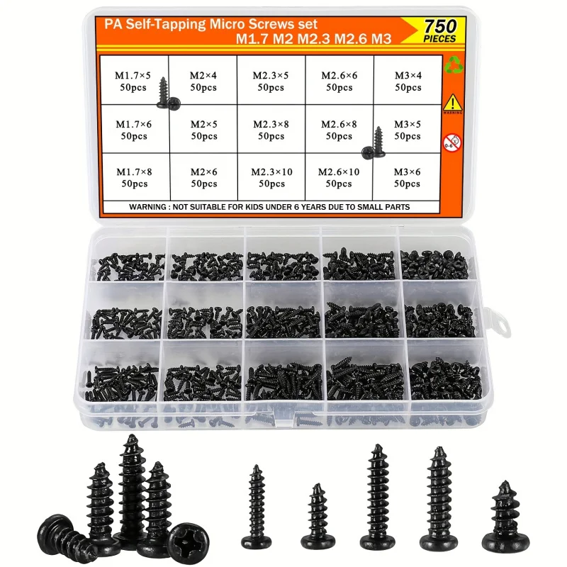 750 Stück M1,7 M2 M2,3 M2,6 M3 Mikro-Blechschrauben, Kreuzschlitz-Flachkopf für Laptop-Reparatur, Elektronik, Holz, Kohlenstoffstahl Image