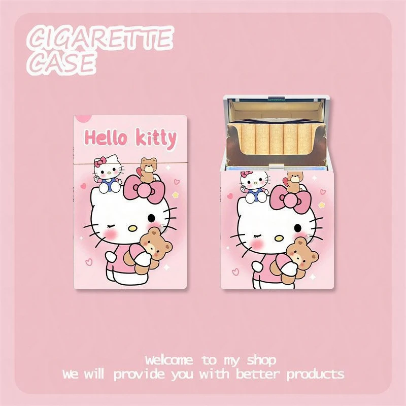Sanrio Kuromi Zigarettenetui, niedliche Cartoon-Hello-Kitty-Rauchbox aus Kunststoff, 20 Stück, großes Fassungsvermögen, Kawaii-Zigarettenschachtel, festliche Geschenke