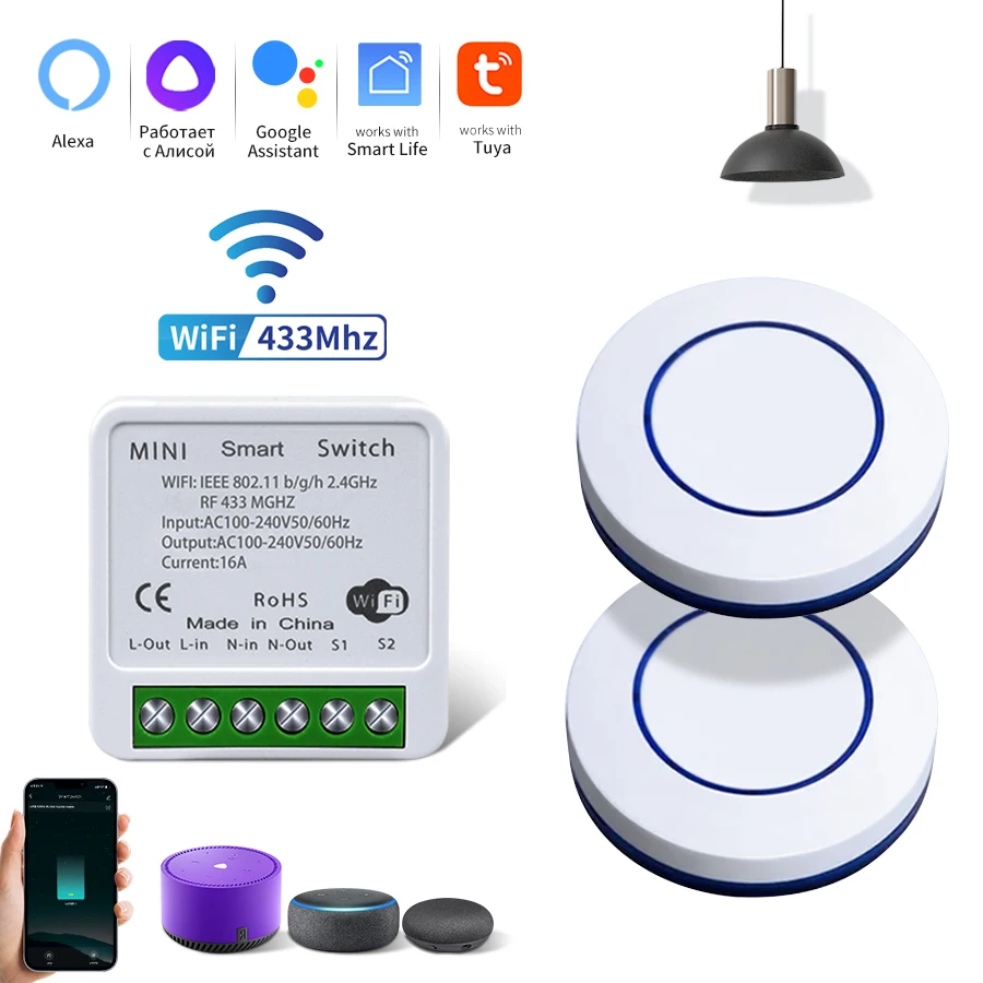 WiFi Smart Switch DIY Modul Empfänger Tuya Smart Leben APP Alexa Google Home Sprachsteuerung RF433MHz Runde Taste Fernbedienung für Licht Image