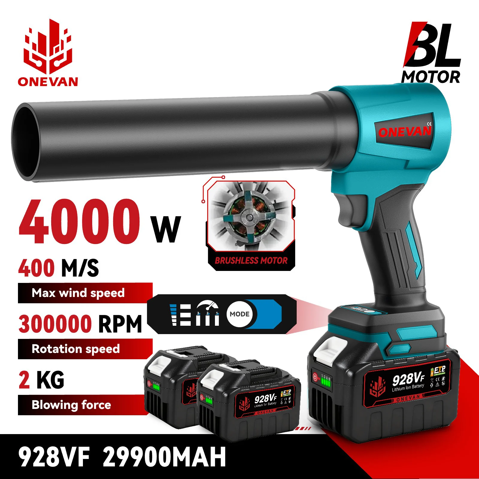 ONEVAN 400 mt/s Bürstenlosen Elektrischen Turbo Gebläse Jet Fan 4000 W 300000 RPM Cordless Blatt Staub Blasen Werkzeug für Makita 18 V Batterie Pin Image