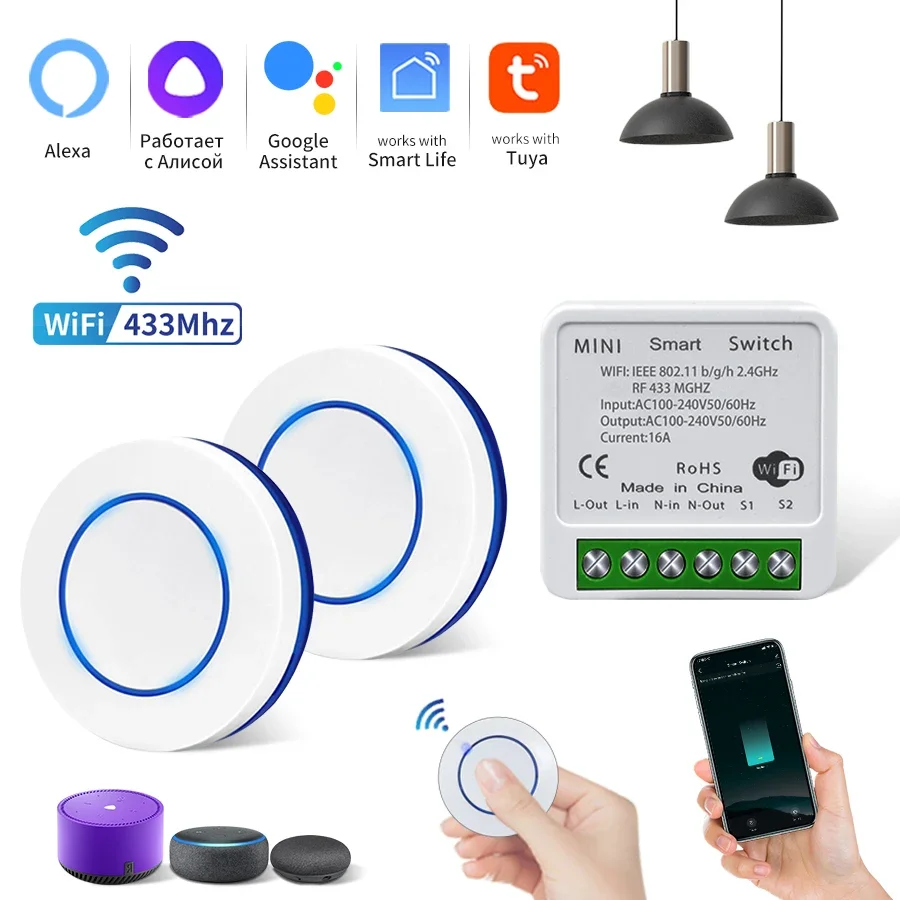 16A Tuya WiFi Smart Switch Alexa Google Assistent Sprachsteuerung Intelligente Schalter Empfänger RF433Mhz Drahtlose Push Button Fernbedienung Image