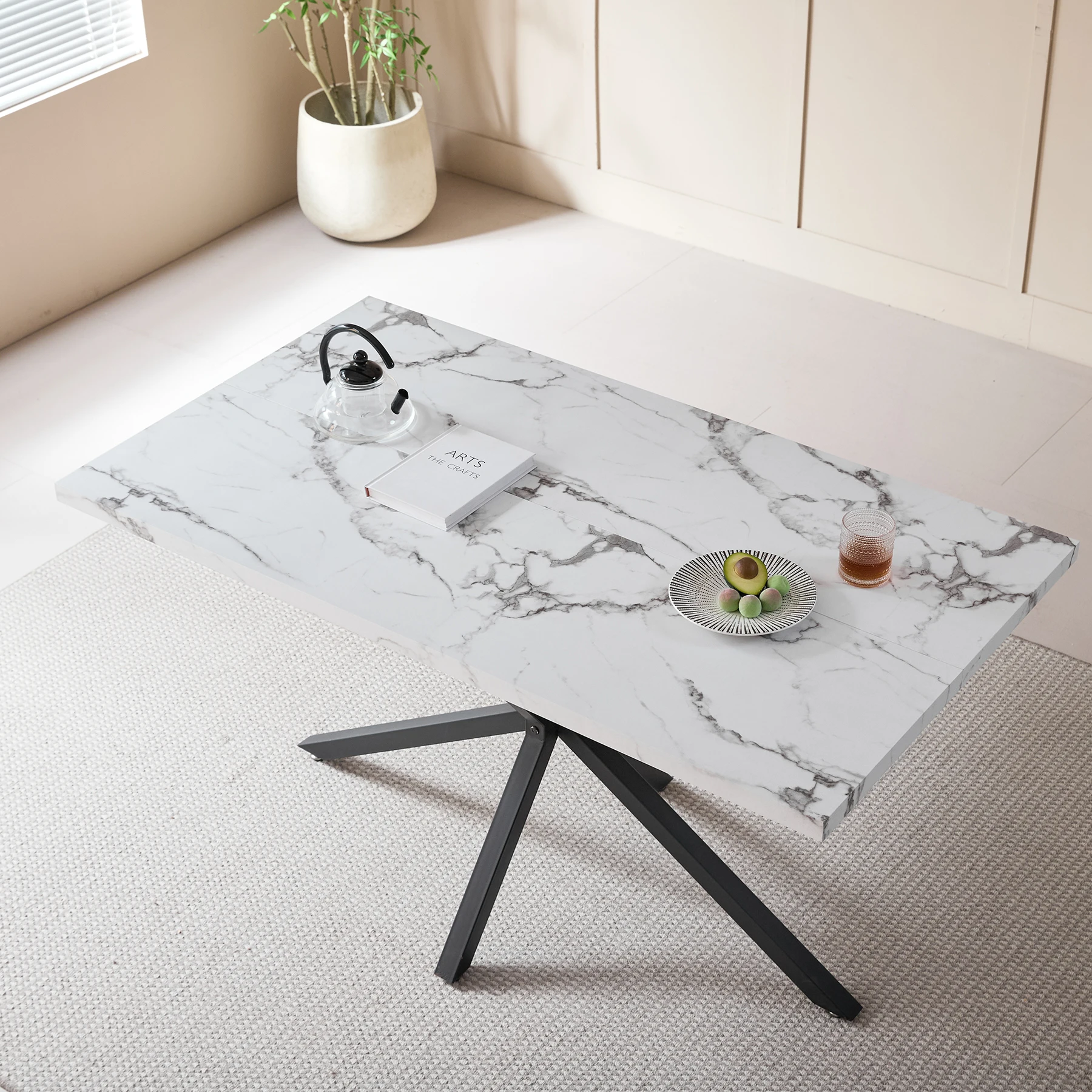 Moderner Esstisch im minimalistischen Stil, Esstisch aus Marmorimitat, geeignet für Esszimmer/Wohnzimmer, Metallbeine, 140 x 80 cm