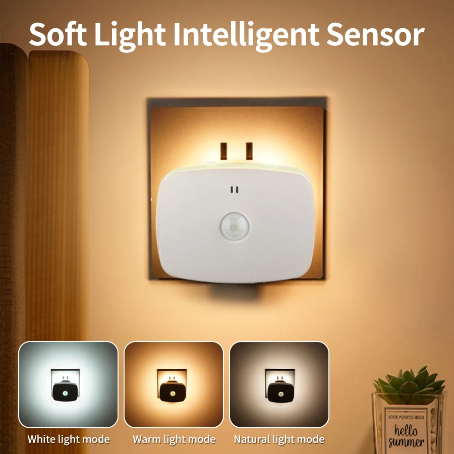 AC 110–220 V, Bewegungsmelder, LED-Nachtlichter, 3-farbig, dimmbares Licht, Plug-in-Modell, Infrarot, intelligente Hintergrundbeleuchtung, Augenpflege-Nachtlicht