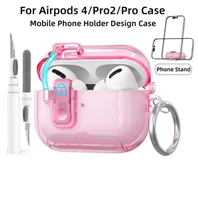 Neu für AirPods 4/Pro 2-Hülle mit Telefonständer und sicherer Schloss, transparente Abdeckung mit Reinigungsset und Schlüsselanhänger für AirPods 4 (klares Rosa) Image