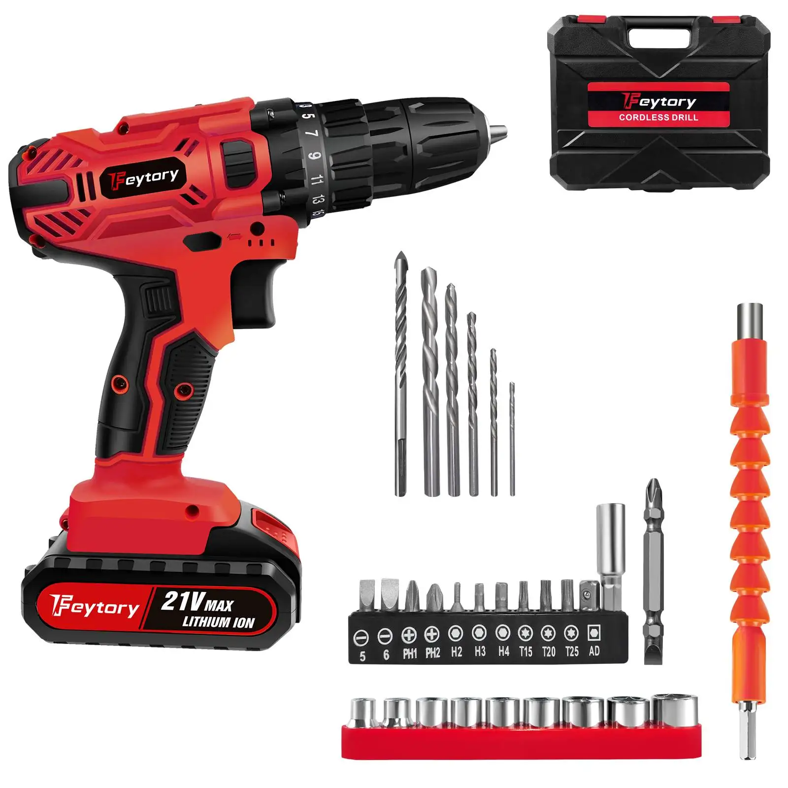 Akku-Bohrschrauber-Set und Schraubendreher, 21 V, 45 Nm Schlagwerkzeug, 25 + 1 Drehmomenteinstellung mit Schnellspannbohrfutter, Rot-Schwarz Image