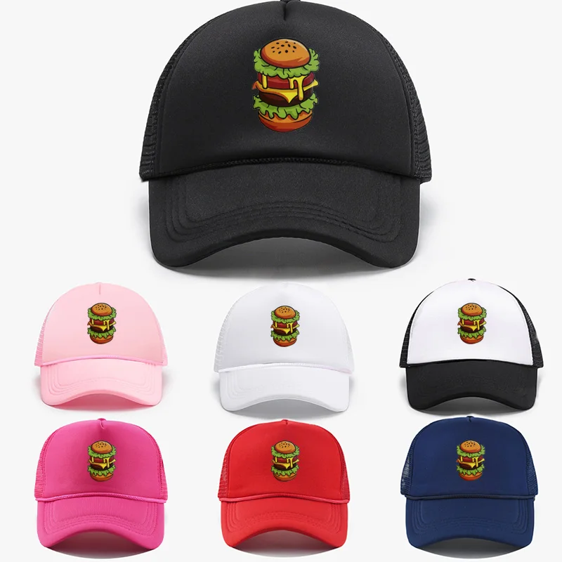 1 x verstellbare Netz-Truckkappe mit Hamburger-Print-Design, geeignet für Campus-Aktivitäten und Outdoor-Bekleidung Image