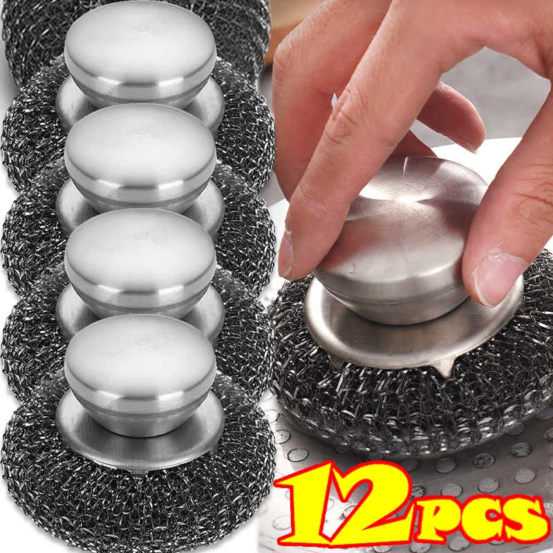 1/12Pcs Edelstahl Wäscher mit Griff Scheuer Pinsel Pad für Küche Töpfe Pfannen Waschbecken Reinigung Ball Hause schrubben Pinsel Image