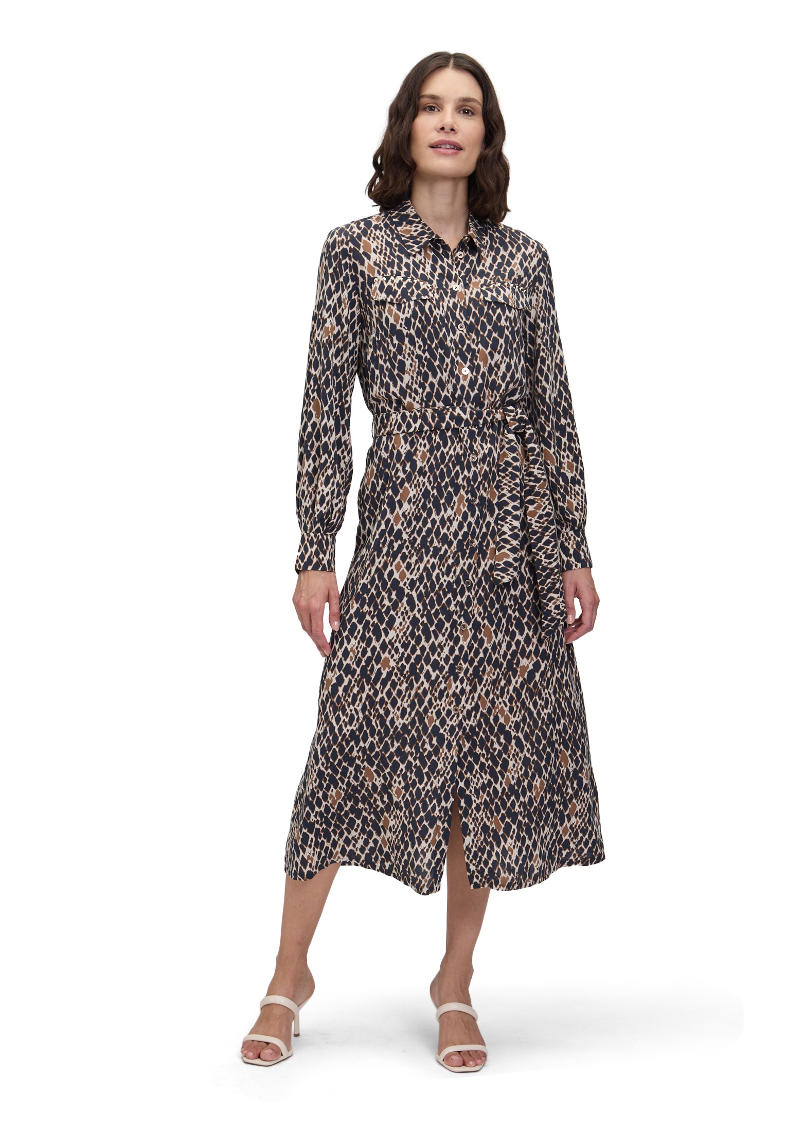 Hemdblusenkleid BETTY BARCLAY "Betty Barclay Damen Hemdblusenkleid mit Bindegürtel", Damen, Gr. 38, Normalgrößen, dunkelblau, braun, Obermaterial: 100% Viskose., Modisch, ausgestellt lang, Kleider Image