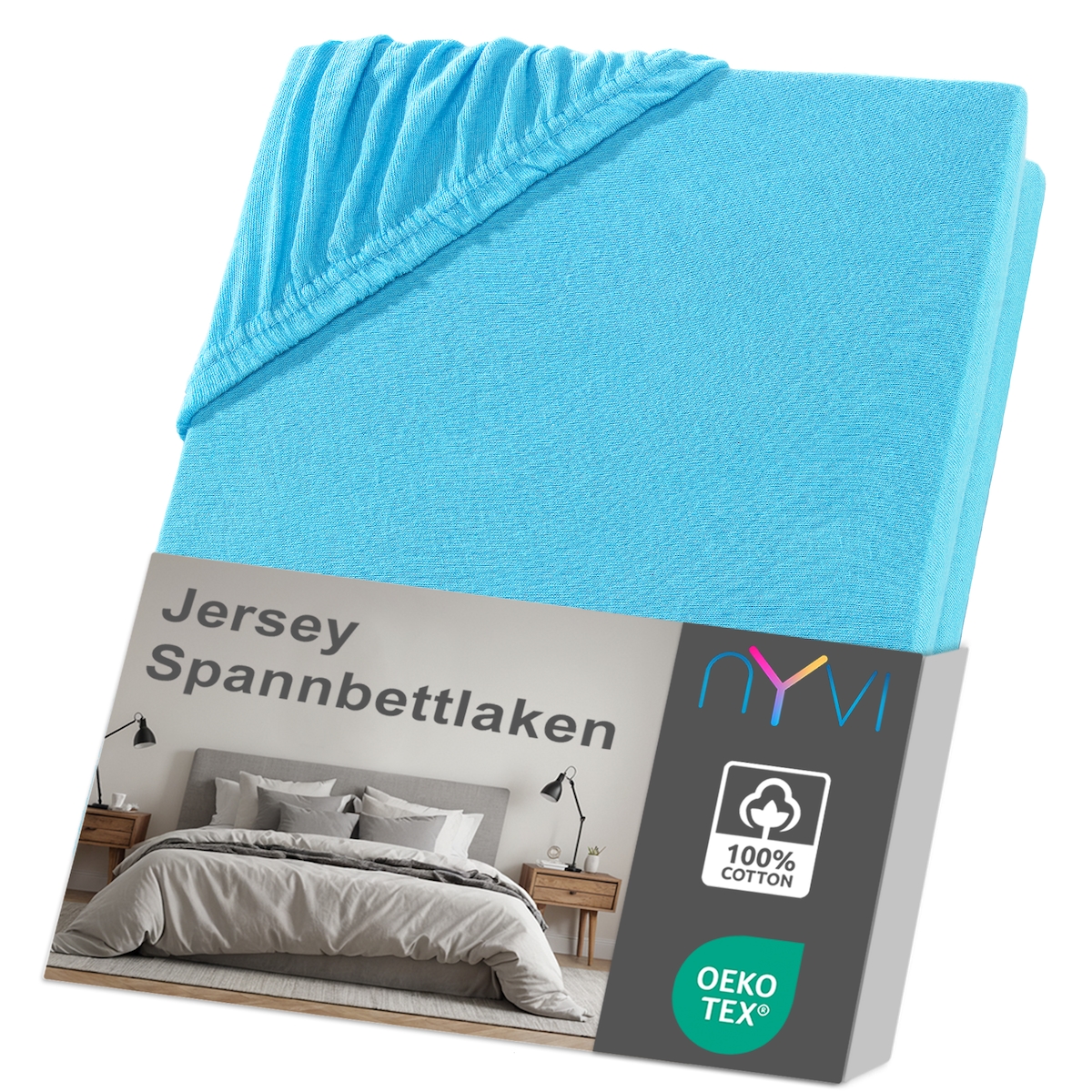 NYVI Jersey Spannbettlaken DreamScience für Matratzen bis 22 cm Höhe - Weich & Anschmiegsam, Rundumgummizug, Bügelfrei 140x200 - 160x200 cm türkis Image