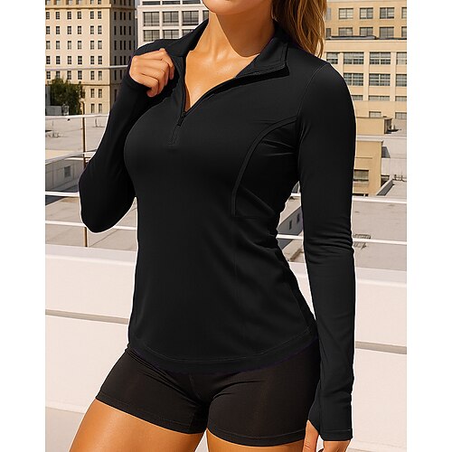 Per donna Maglietta da ginnastica Camicie a maniche lunghe Cerniera a un quarto Manica Lunga Top Athleisure Autunno Tinta unita Asciugatura Rapida Traspirante All'aperto Corsa Yoga abbigliamento