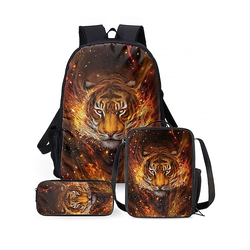 Zaino 3D con stampa tigre di fuoco per ragazzi, borsa scolastica capiente con stampa animalier per scuola media, scuola superiore, viaggi e uso quotidiano.