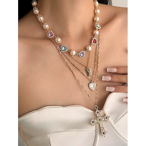 Collana da donna a strati con ciondolo a forma di cuore multicolore e perle barocche con ciondolo a forma di croce: eleganti gioielli per feste, matrimoni ed eventi serali