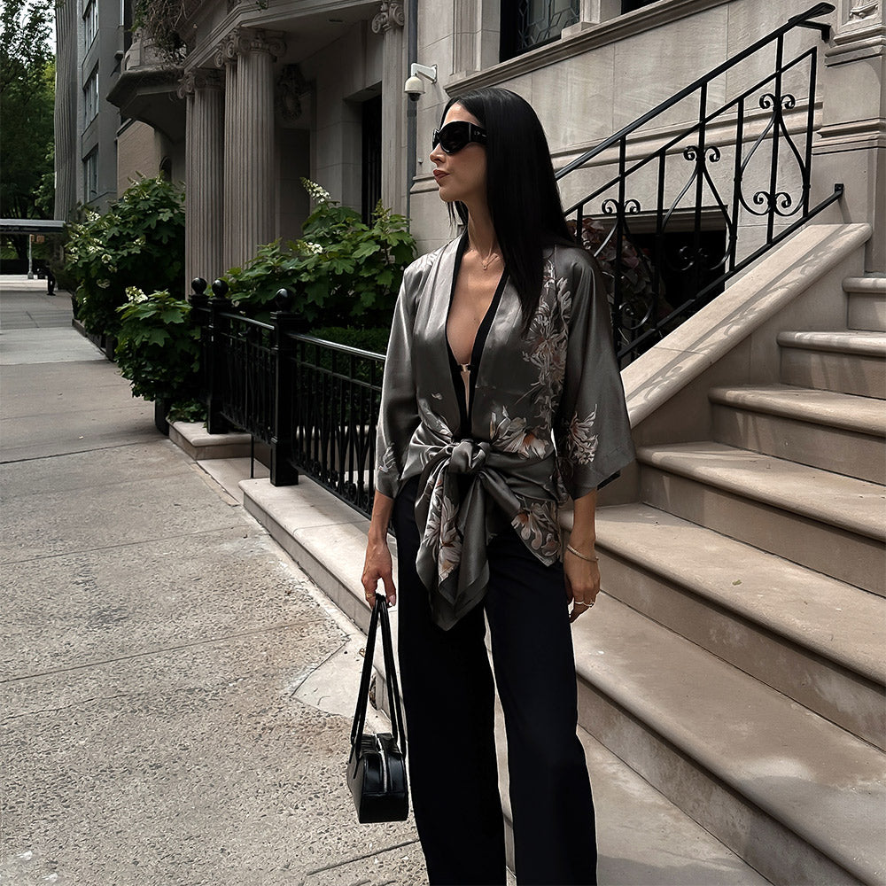 KIM+ONO Kimono Robe | Washable Silk Yuri Long Kimono Robe | Washable Silk | Ash | Long