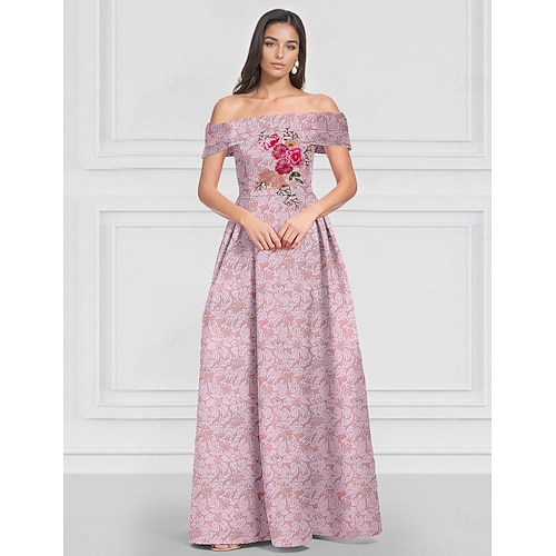 Elegantes florales gesticktes Jacquard A-Linie Abendkleid formelles Hochzeitskleid ärmellos schulterfrei bodenlang