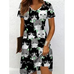 Damen Freizeit Mini Kleid T-Shirt Kleid A-Linie Sommerkleid Urlaub Ferienkleid Reguläre Passform Grafik Tier Katze Design Kurzarm Rundhals V-Ausschnitt
