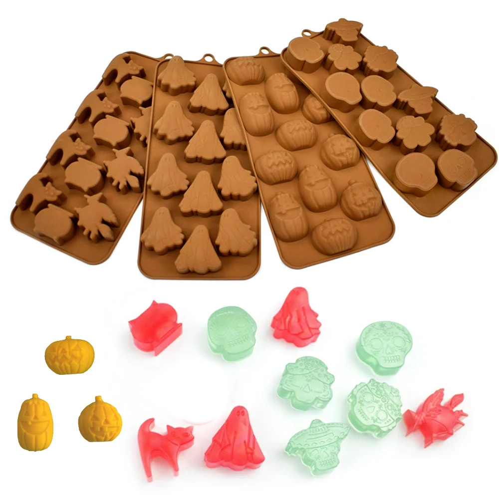 Halloween Elemente Silikon Kuchenform Kürbis Schädel Fledermaus Grabstein Geist Spinne Hexe Design Schokoladenform Halloween Form Image