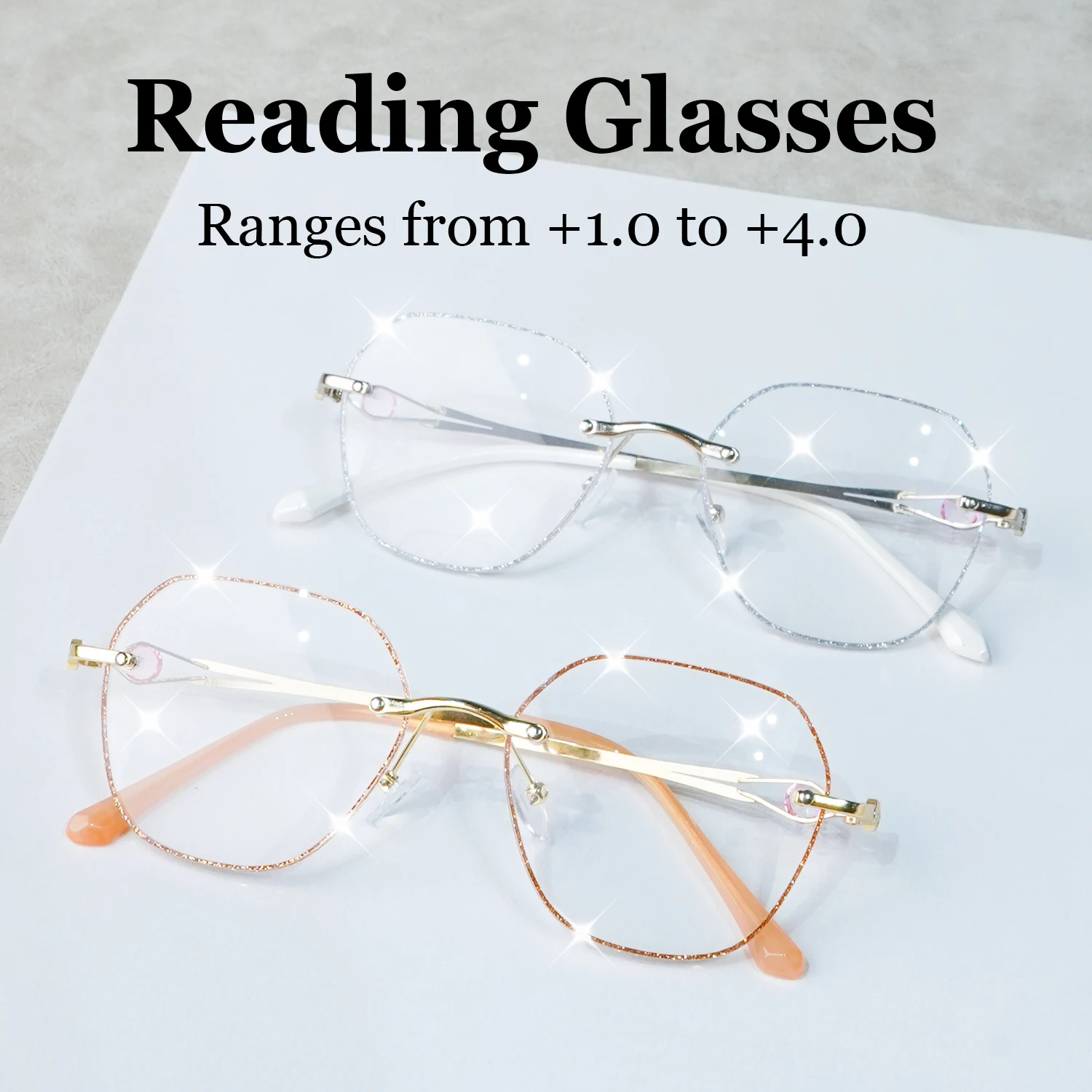 Elegante, mit Strasssteinen verzierte Lesebrille ohne Rahmen – leicht, bequem und einfach zu tragen, +1,0 bis +4,0 Image