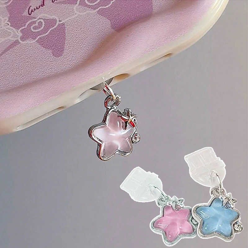 Niedlicher Diamant-Stern-Telefon-Staubstecker, Zubehör, Dekoration, hängender Anhänger für iPhone für Samsung Typ C, Android, Mikro-Ladeanschluss Image