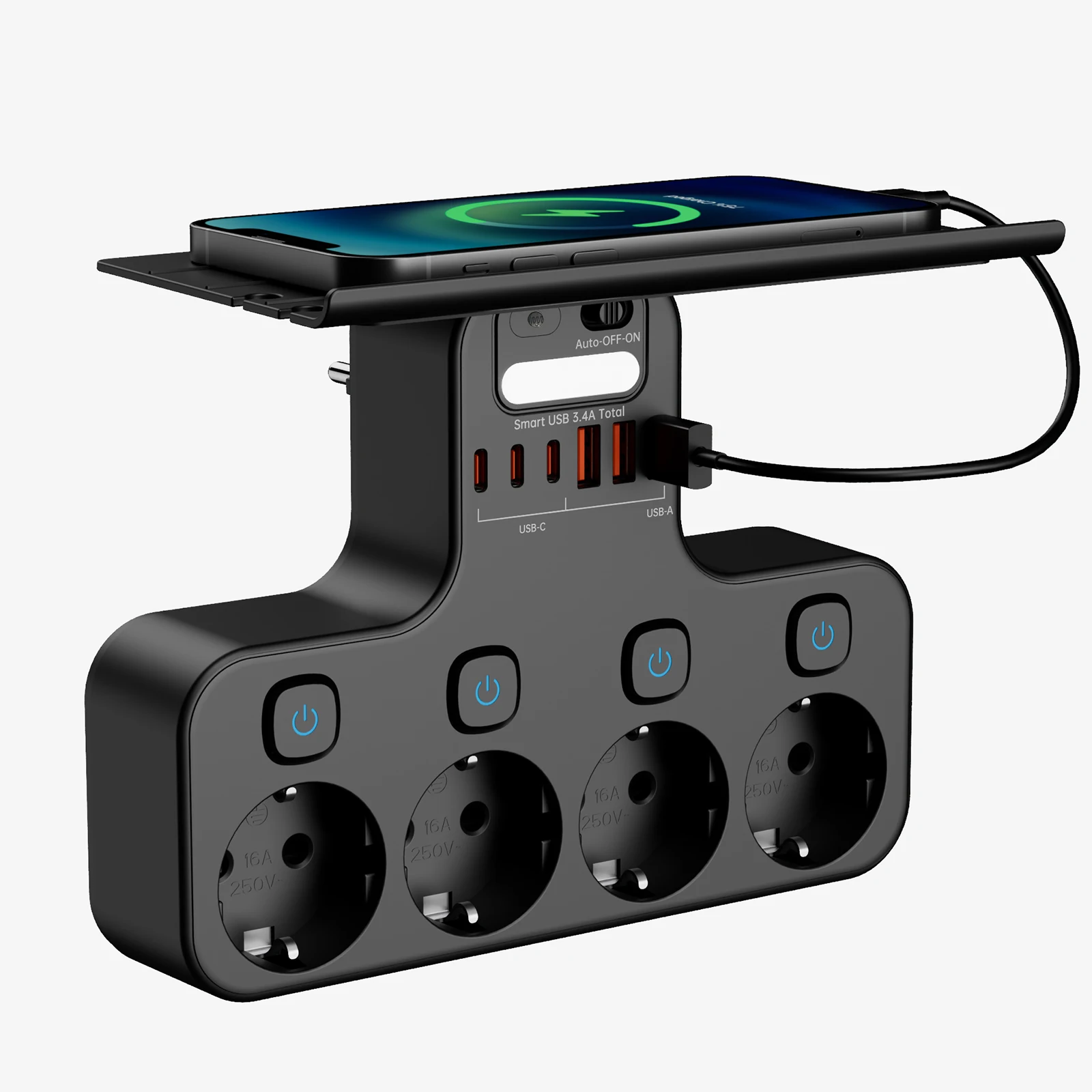 4000 W EU-Multifunktionssteckdose, intelligentes Nachtlicht, individueller Schalter, EU-Stecker, 4 AC-Steckdosenleisten mit Telefonhalter, 2 USB-A, 2 USB-C