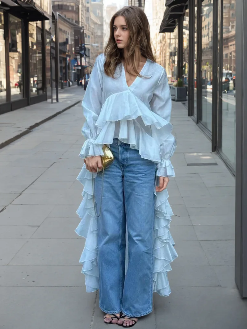 Sexy Loose White Women's Shirt 2025 Fashion V-Neck Long Sleeve Shirts Elegant Ruffle Irregular Top Female Clothing Fashion M58Q