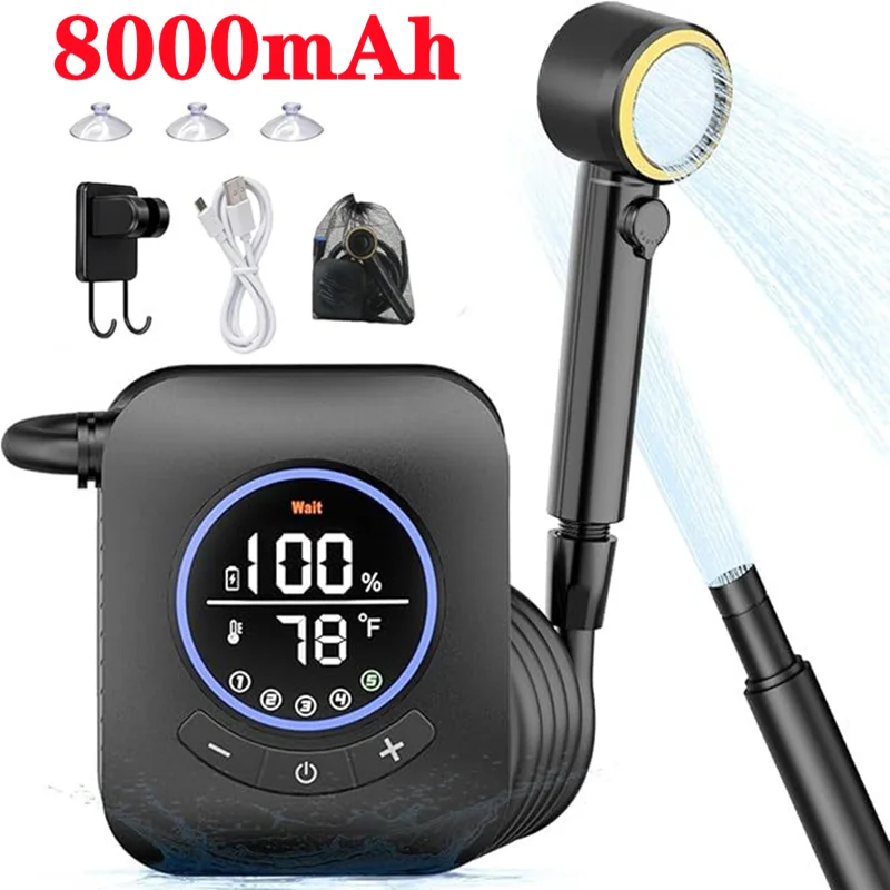 Camping-Dusche, 3,6 V, 8000 mAh, IPX8, regensicher, tragbares Netzteil für draußen, wiederaufladbare Camping-Dusche, Außendusche