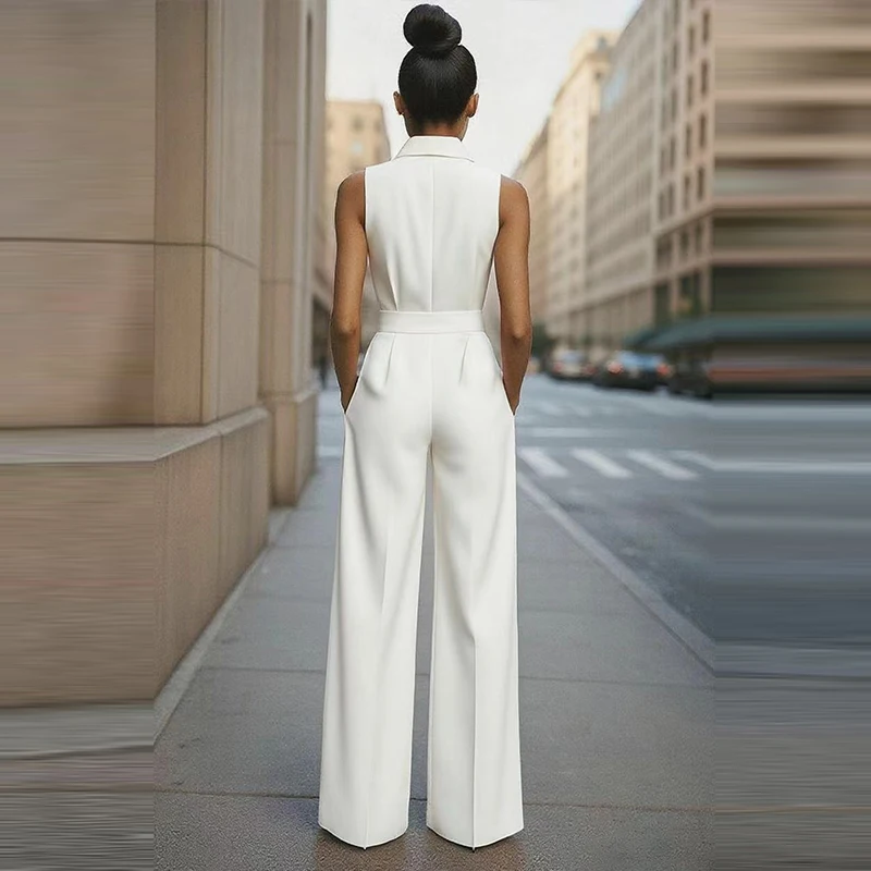 Elegante Revers Taste Büro Playsuits 2025, lässige Spitze, einfarbig, lange Overalls, Damenmode, Taille, Tasche, gerader Strampler Image