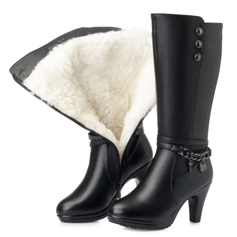AIYUQI Damen-Winterschuhe, Damenstiefel, hochhackige Motorradstiefel aus echtem Leder, dicke Wolle, warme Winterstiefel, Reitstiefel