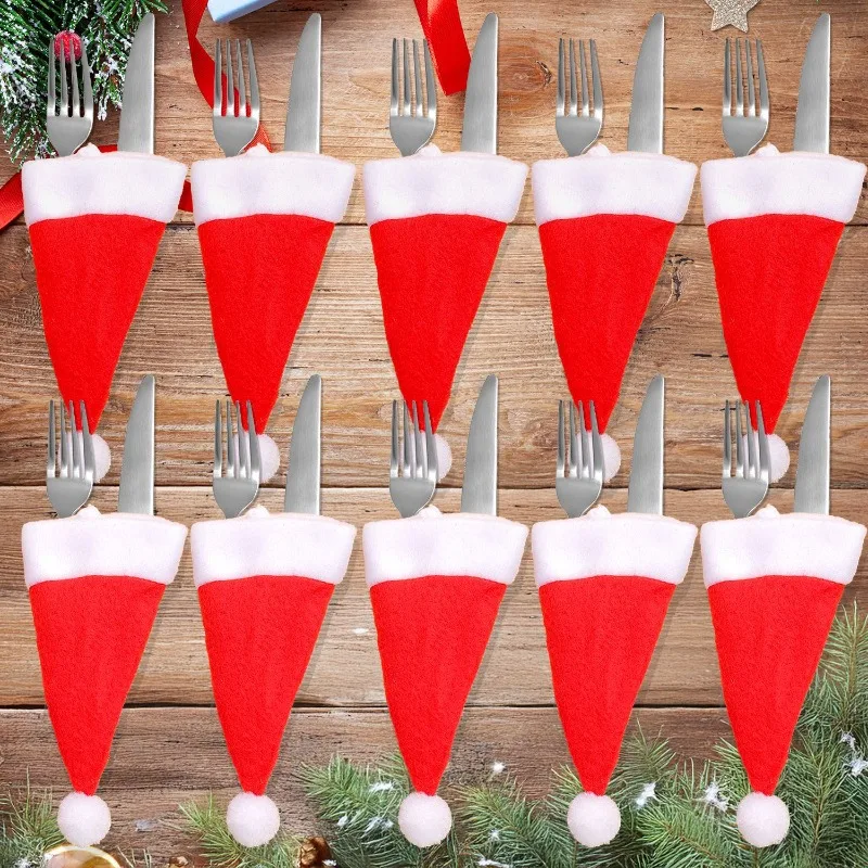 Weihnachtsdekorationen Mini-Weihnachtsmütze Neue Samtmütze Messer und Gabel Set Weinflaschendekoration Weihnachtsthemaartikel Image