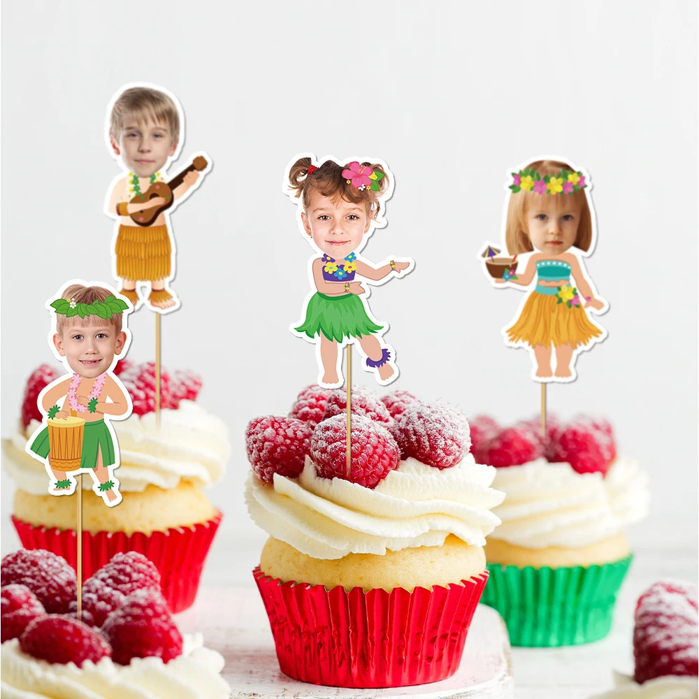 6/12 Stück hawaiianische personalisierte Gesicht Cupcake Topper benutzerdefinierte Hula Mädchen Tänzerin Foto Kuchen Topper Aloha Luau Geburtstag Party Dekor Image